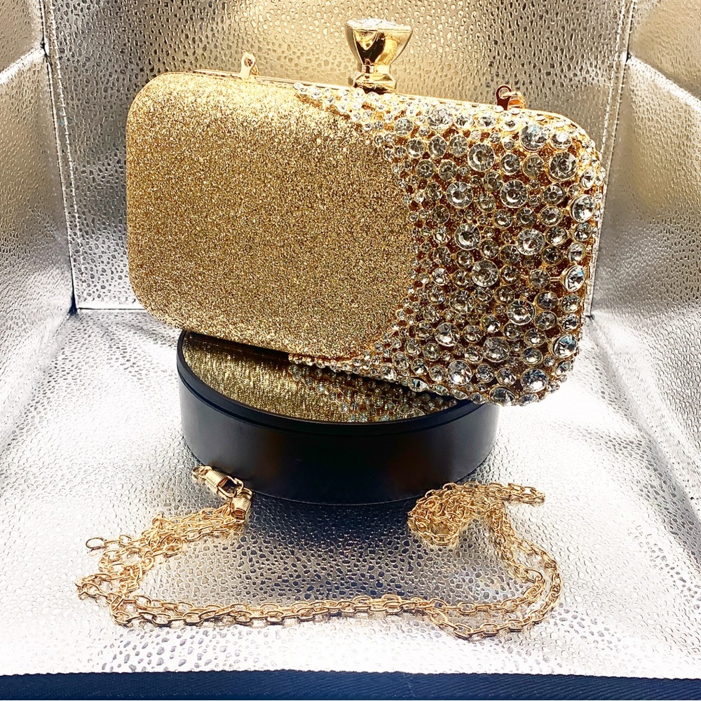 Gold Glittered Clutch with clear rhinestones